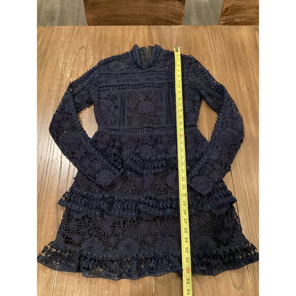 SELF PORTRAIT navy Ava Guipure Lace cut tiered long sleeve Mini Dress size 6 - Picture 9 of 12